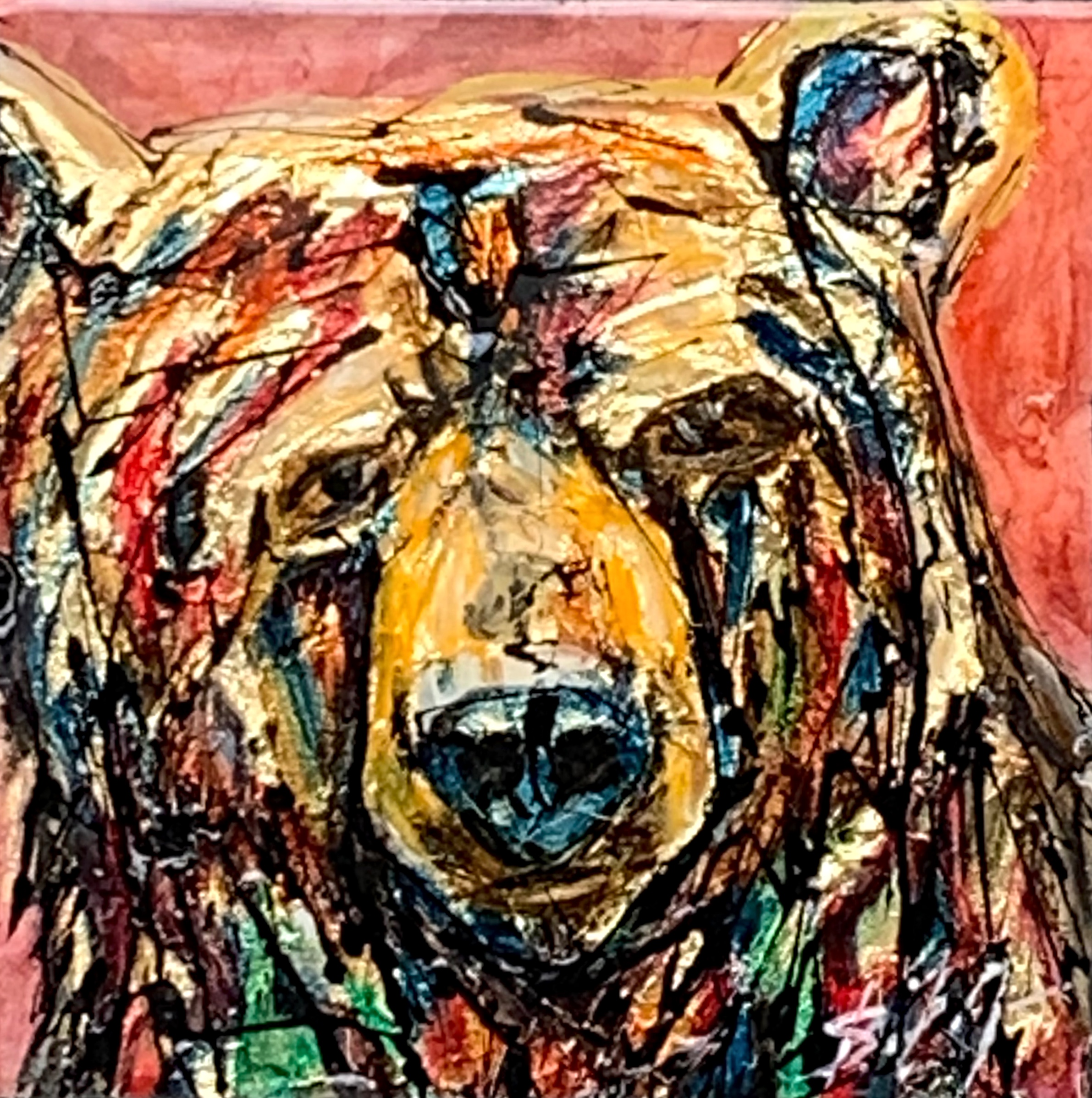 Curious, mixed media bear painting by David Zimmerman | Effusion Art Gallery + Cast Glass Studio, Invermere BC