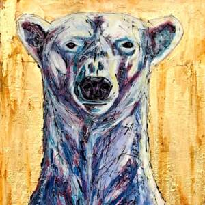 Fire & Ice, mixed media standing polar bear painting on a gold background by David Zimmerman at Effusion Art Gallery in Invermere.