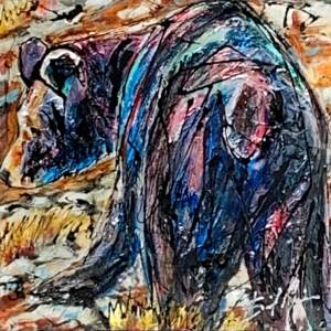 Mope, mixed media moping bear painting by David Zimmerman | Effusion Art Gallery + Cast Glass Studio, Invermere BC
