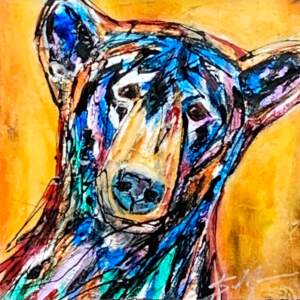 Puppy Eyes, mixed media cute bear face painting on a gold background by David Zimmerman | Effusion Art Gallery + Cast Glass Studio, Invermere BC
