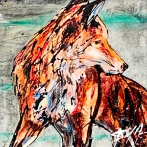 Runway, mixed media orange fox painting on a grey and teal background by David Zimmerman | Effusion Art Gallery + Cast Glass Studio, Invermere BC