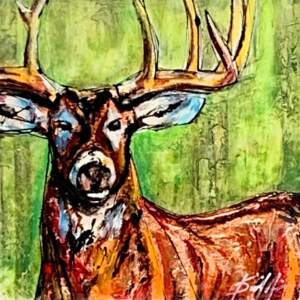 Stranger, mixed media deer painting on an apple green background by David Zimmerman | Effusion Art Gallery + Cast Glass Studio, Invermere BC