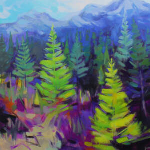 Larch March, acrylic landscape painting with mountains in the background and green trees in the foreground by Becky Holuk | Effusion Art Gallery + Cast Glass Studio, Invermere BC