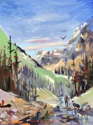 L'énergie des montagnes, oil landscape and hiker painting by Robert Roy | Effusion Art Gallery, Invermere BC