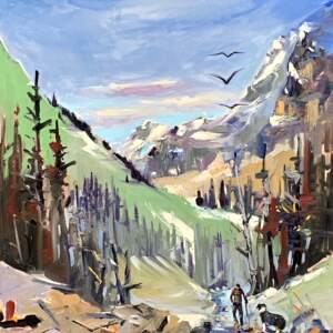 Original oil painting by Robert Roy of a sunny summer mountain landscape with a small hiker and dog near a gentle creek.