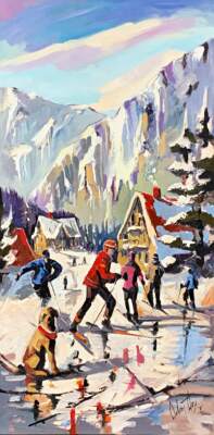 Une rencontre joyeuse, oil ski painting by Robert Roy | Effusion Art Gallery, Invermere BC