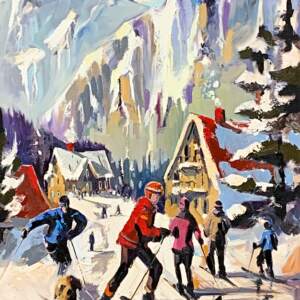 Oil painting of a sunny ski day in the mountains with a skiers, ski chalet, and a dog.