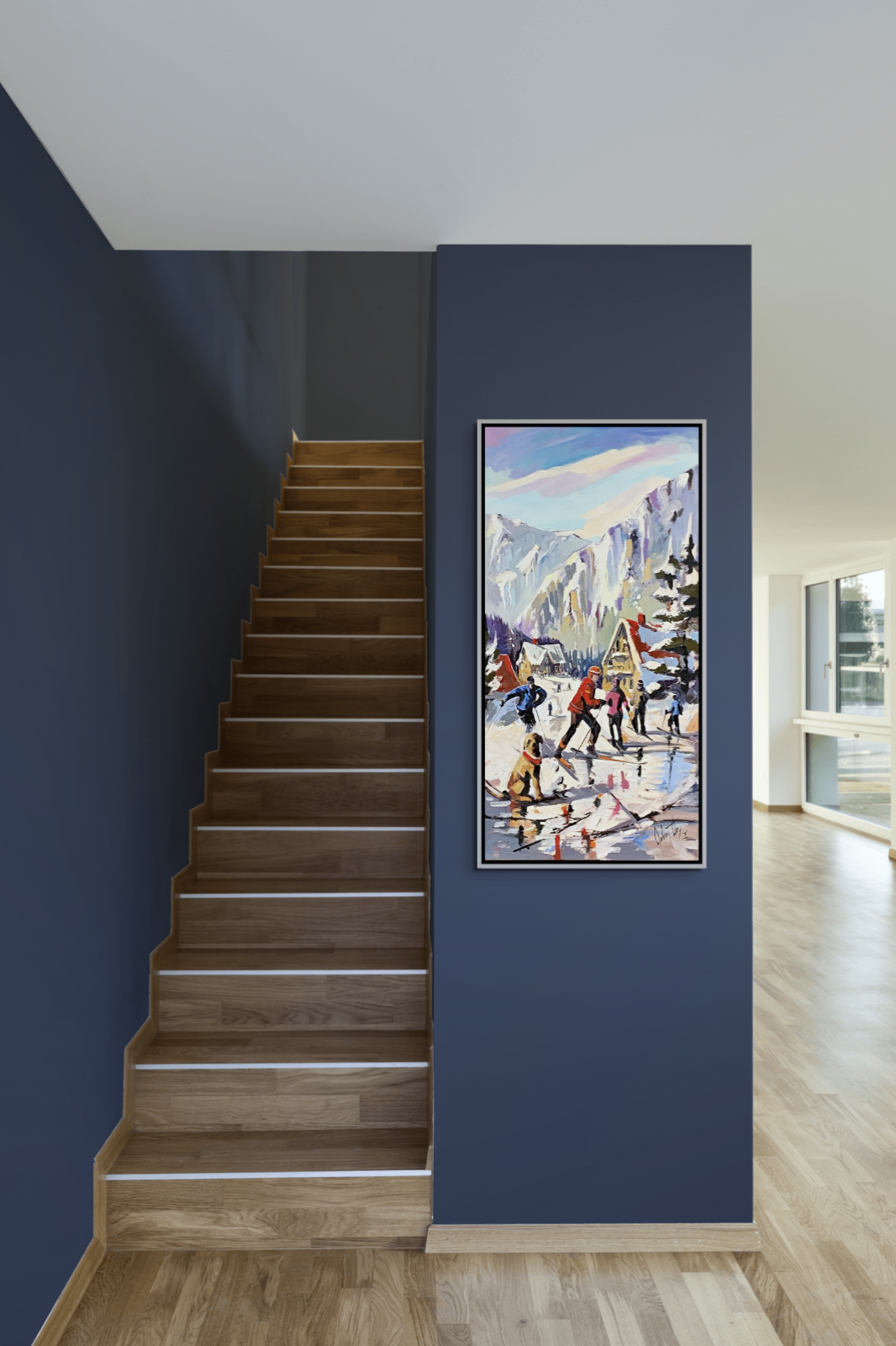 Une rencontre joyeuse, oil ski painting by Robert Roy | Effusion Art Gallery, Invermere BC