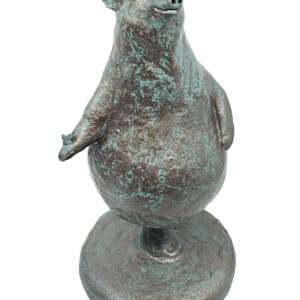 Sculpture of a whimsical friendly dancing bear with his leg kicked back and a butterfly on his paw with a bronze patina finish by Karin Taylor.