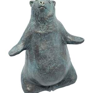 Sculpture of a whimsical friendly bear sitting in a lotus pose meditating with a bronze patina finish by Karin Taylor.
