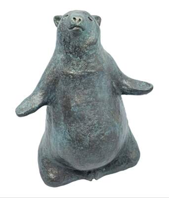 Meditation Bliss, mixed media yoga bear sculpture by Karin Taylor | Effusion Art Gallery, Invermere BC