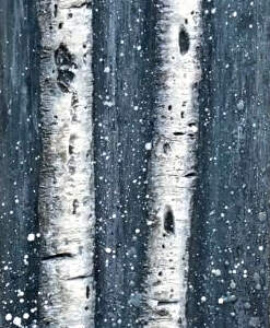 In the Mid of Night, original encaustic winter birch tree painting by Canadian artist Brenda Walker at Effusion Art Gallery in Invermere, BC.