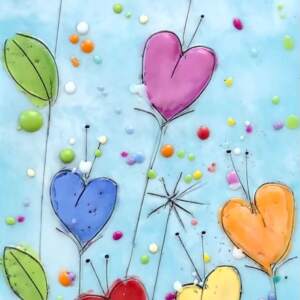 Just Bee 136, original encaustic rainbow heart flowers and bees painting by Brenda Walker at Effusion Art Gallery in Invermere, BC.