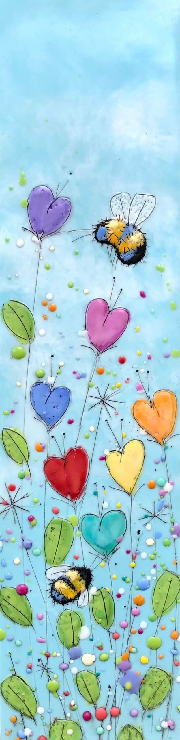 Just Bee 136, original encaustic rainbow heart flowers and bees painting by Brenda Walker at Effusion Art Gallery in Invermere, BC.