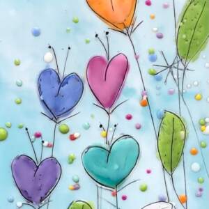 Just Bee 136, original encaustic rainbow heart flowers and bees painting by Brenda Walker at Effusion Art Gallery in Invermere, BC.