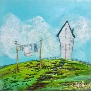 Original encaustic painting of a whimsical soft grey house with laundry on the clothesline on a sunny summer day by Brenda Walker at Effusion Art Gallery in Invermere.