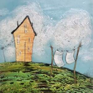 Original encaustic painting of a whimsical yellow house with laundry on the clothesline on a sunny summer day by Brenda Walker at Effusion Art Gallery in Invermere.