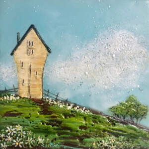 Original encaustic painting of a whimsical yellow house on a sunny summer day by Brenda Walker at Effusion Art Gallery in Invermere.