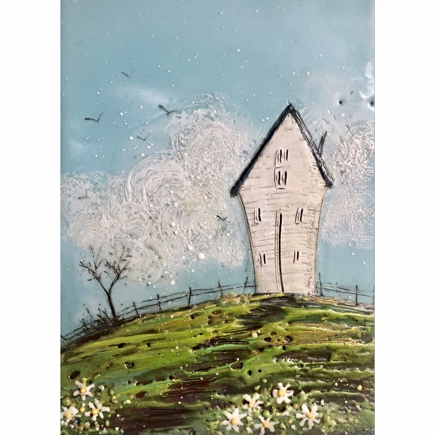 Rainbow Road 74, encaustic whimsical house and landscape painting by Brenda Walker at Effusion Art Gallery in Invermere