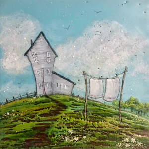 Original encaustic painting of a whimsical soft grey house with white laundry on the clothesline on a sunny summer day by Brenda Walker at Effusion Art Gallery in Invermere.
