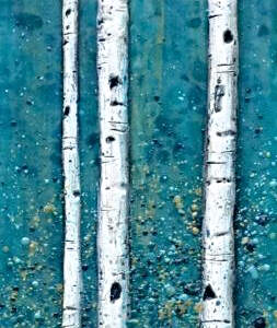 Silent Breeze, original encaustic winter birch tree painting by Canadian artist Brenda Walker at Effusion Art Gallery in Invermere, BC.