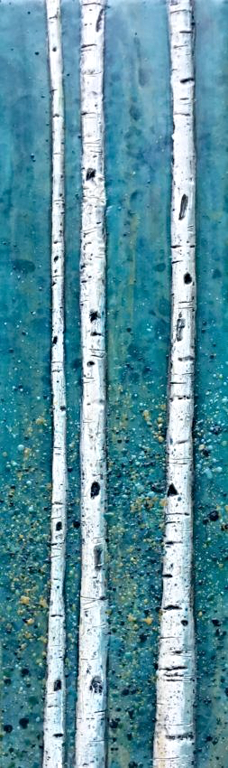 Silent Breeze, original encaustic winter birch tree painting by Canadian artist Brenda Walker at Effusion Art Gallery in Invermere, BC.