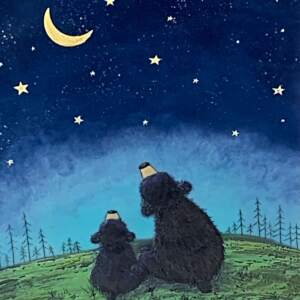 To the Moon and Past the Stars 18, original encaustic black bear + cub painting by Brenda Walker at Effusion Art Gallery in Invermere, BC.