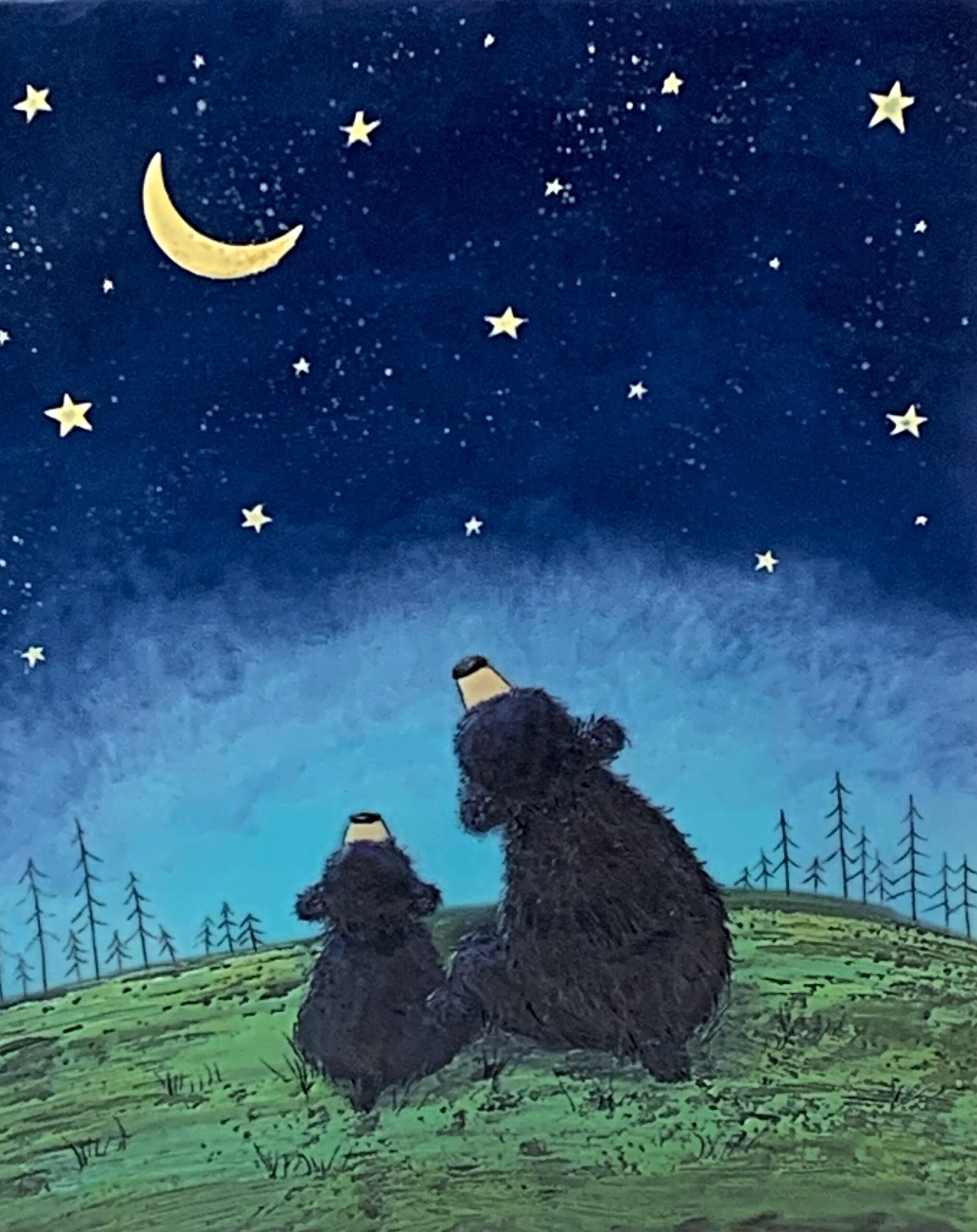 To the Moon and Past the Stars 18, original encaustic black bear + cub painting by Brenda Walker at Effusion Art Gallery in Invermere, BC.