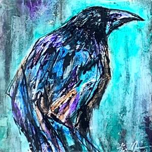 Playful crow portrait on a bright turquoise background by David Zimmerman.
