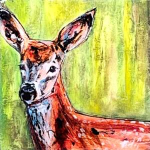 Cute spotted fawn David Zimmerman painting on a vibrant apple green background.