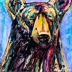 Colorful bear painting by David Zimmerman on a periwinkle background.
