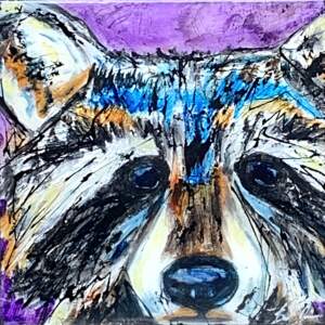 Mixed media raccoon portrait on a purple background by David Zimmerman.
