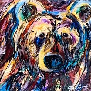 Mixed media bear portrait painting by David Zimmerman.
