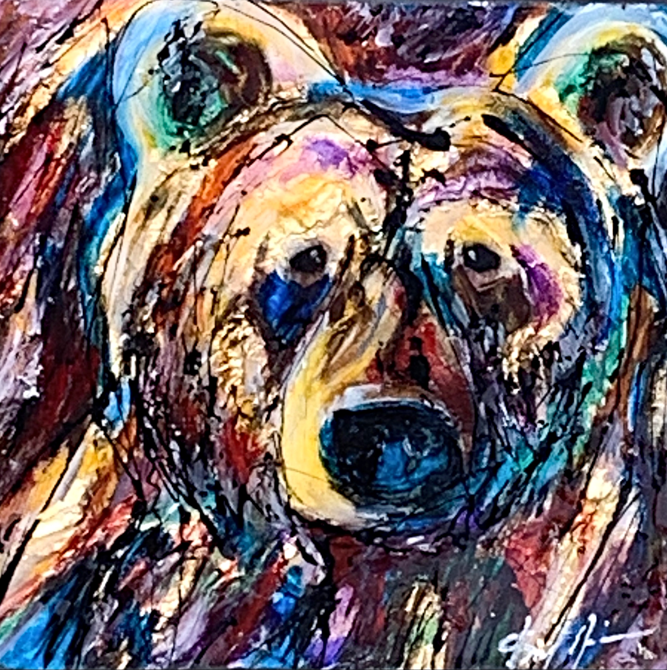 Thoughts, mixed media bear painting by David Zimmerman | Effusion Art Gallery +  Cast Glass Studio, Invermere BC