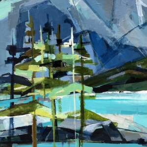 Original acrylic painting of cubist-inspired mountains, trees, and a turquoise lake by Katie Leahul.