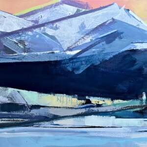 Original Rocky mountain landscape painting with a soft sunset by Katie Leahul.