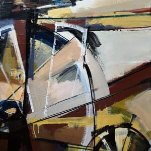 Original cubist-inspired abstract bike painting with gold, brown, black, and grey by Katie Leahul.