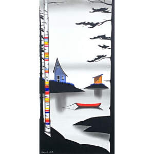 Mixed media painting by Natasha Miller with a red canoe on a lake with red and orange cabins and birch trees.
