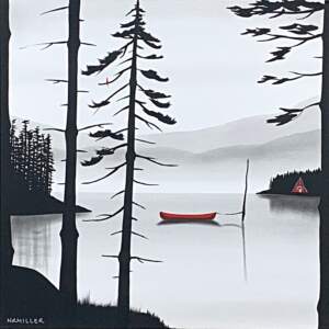 Mixed media painting of a black and grey lake landscape with a red canoe and a tiny red cabin and cardinal by Natasha Miller