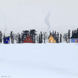 Mixed media painting of blue, red, and yellow ski chalets on a cozy winter day by Natasha Miller