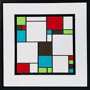 Colorful graphic mixed media mosaic on a black background with a white mat and black frame.