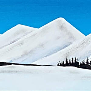 Mixed media painting by Cody Pendleton of the top of the ski hill at Panorama Mountain Resort on a sunny winter day.