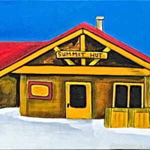 Mixed media painting by Cody Pendleton of the Summit Hut at Panorama Mountain Resort on a sunny winter day.