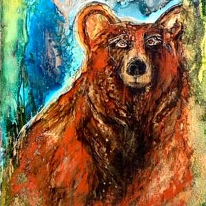 Alcohol ink painting of a friendly brown bear in the forest by Paulina Tokarski.