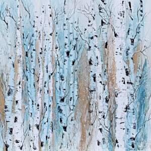 Alcohol ink painting of icy blue, gold and white birch trees by Paulina Tokarski.
