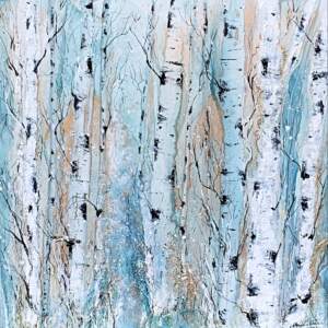Alcohol ink painting of icy blue, gold and white birch trees by Paulina Tokarski.