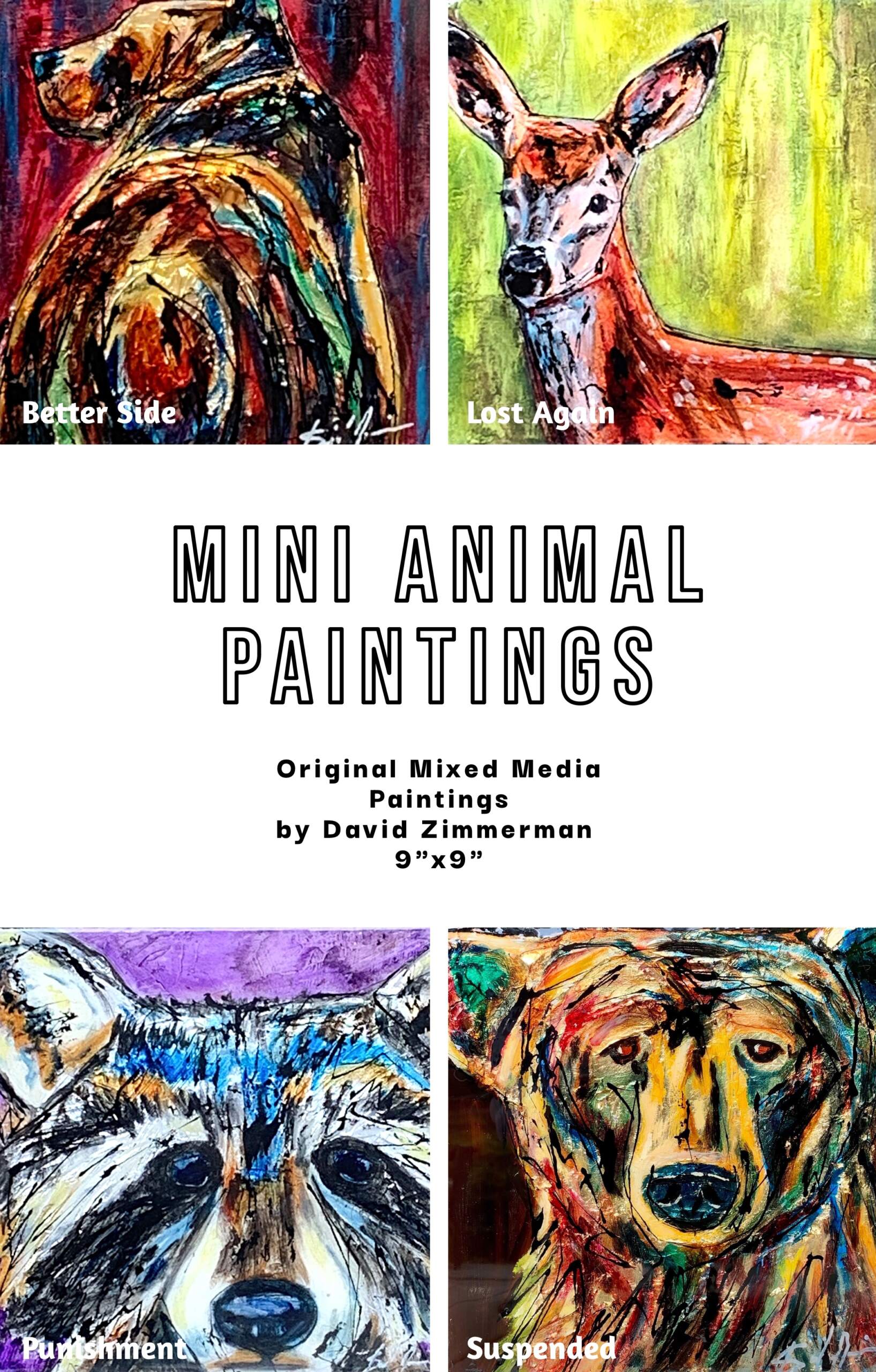 Mini mixed media animal paintings by Canadian artist David Zimmerman at Effusion Art Gallery in Invermere, BC.