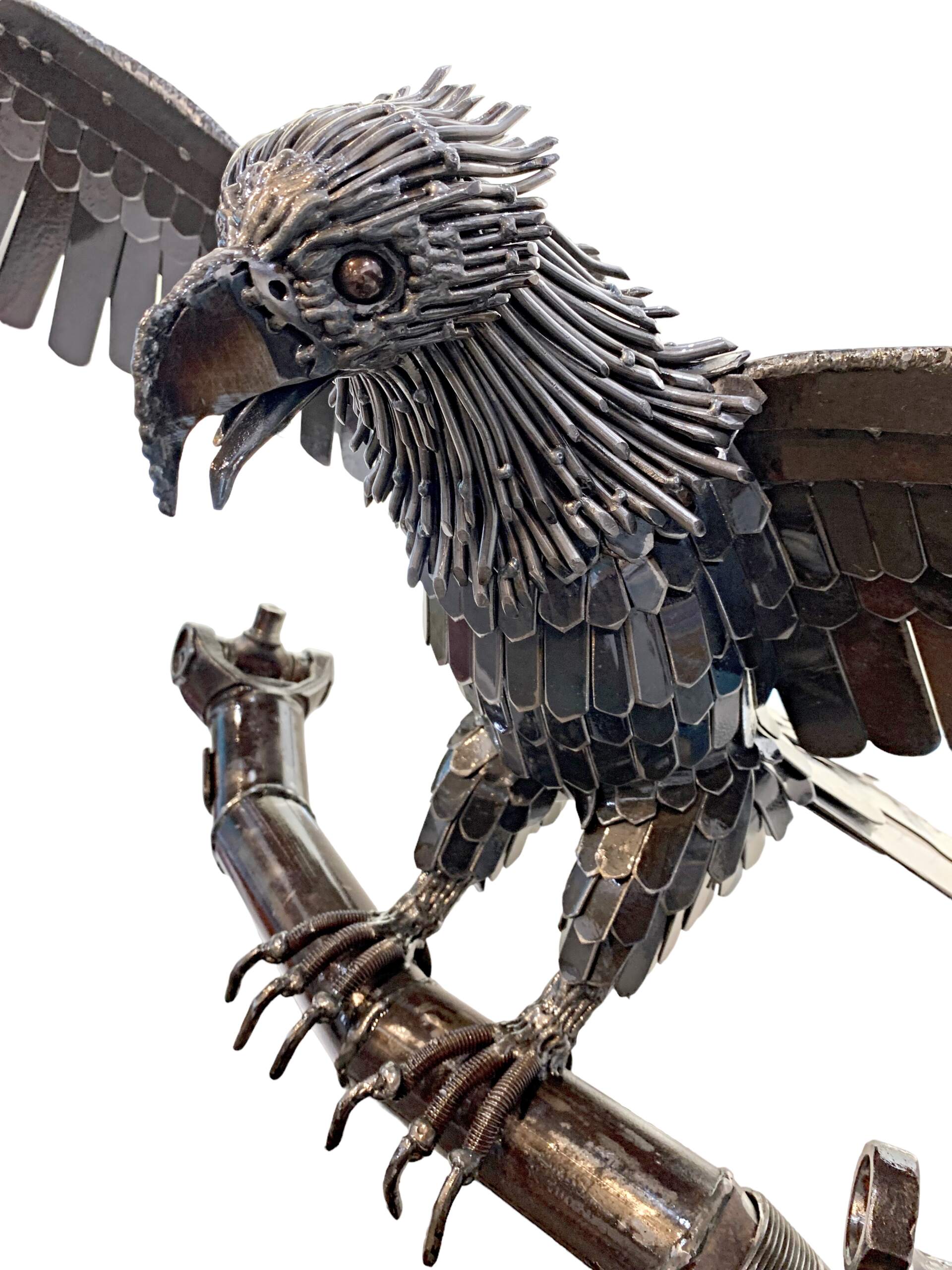 Astrid, reclaimed metal bald eagle, nest, tree, and eggs sculpture by Wendy Stone | Effusion Art Gallery, Invermere BC