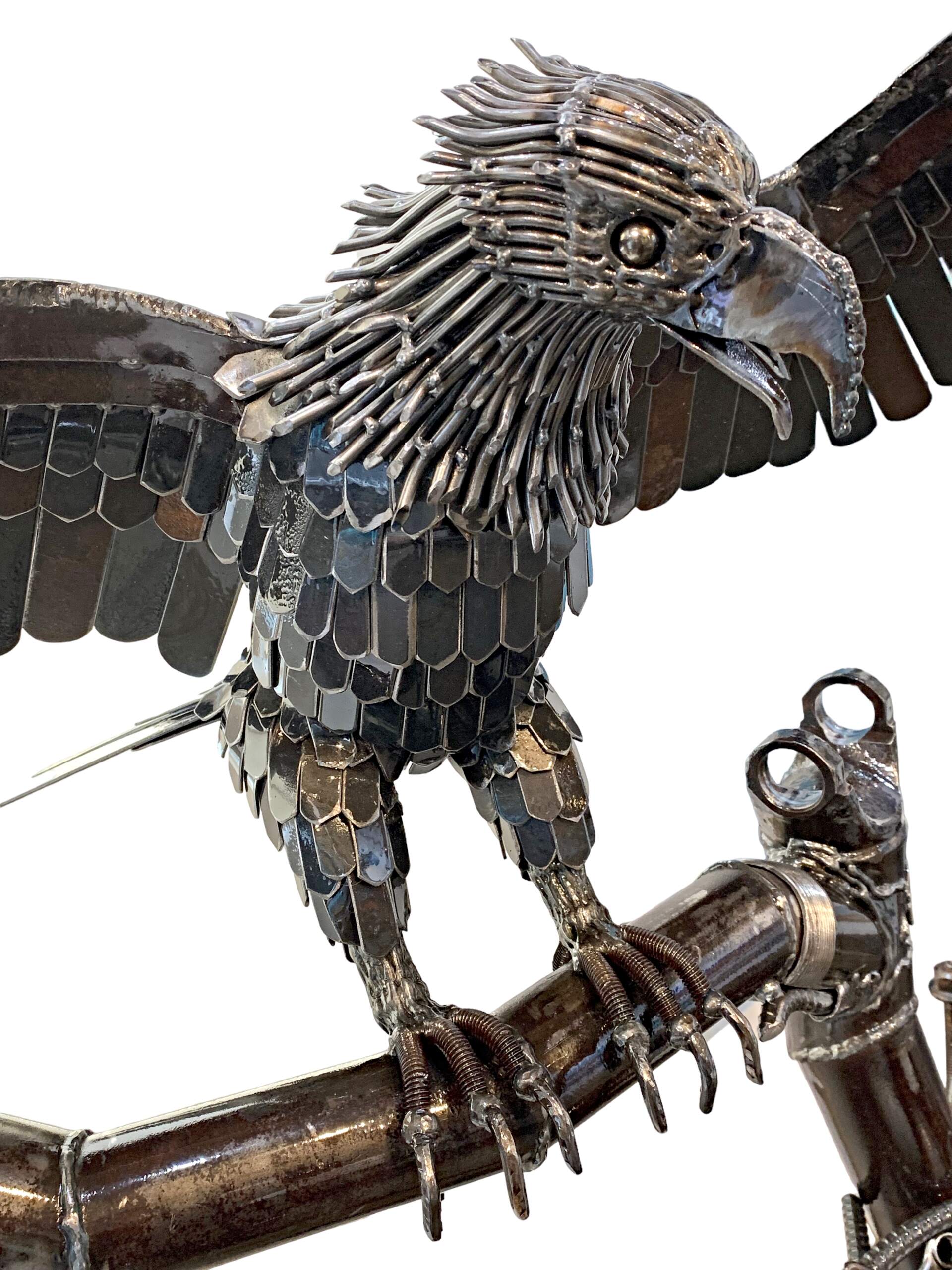 Astrid, reclaimed metal bald eagle, nest, tree, and eggs sculpture by Wendy Stone | Effusion Art Gallery, Invermere BC