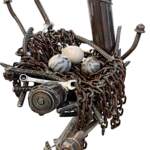 Astrid, reclaimed metal bald eagle, nest, tree, and eggs sculpture by Wendy Stone | Effusion Art Gallery, Invermere BC
